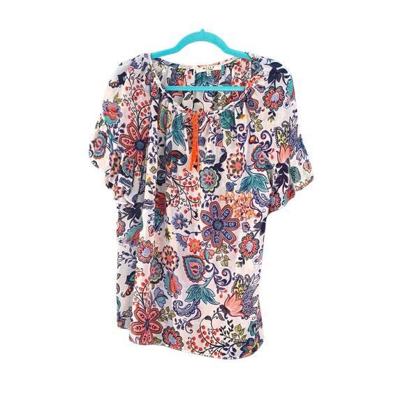 Milly Tops - Milly Womans Peasant Top Size L Colorful Semi sheer Top Blouse Tassle Tie Shirt